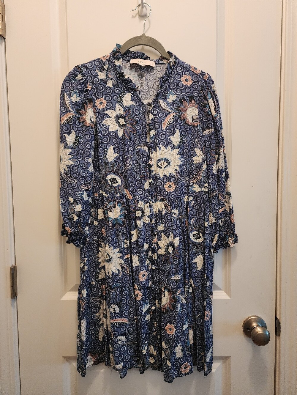 LOFT Navy Floral Tiered Button-Front Long Sleeve Dress